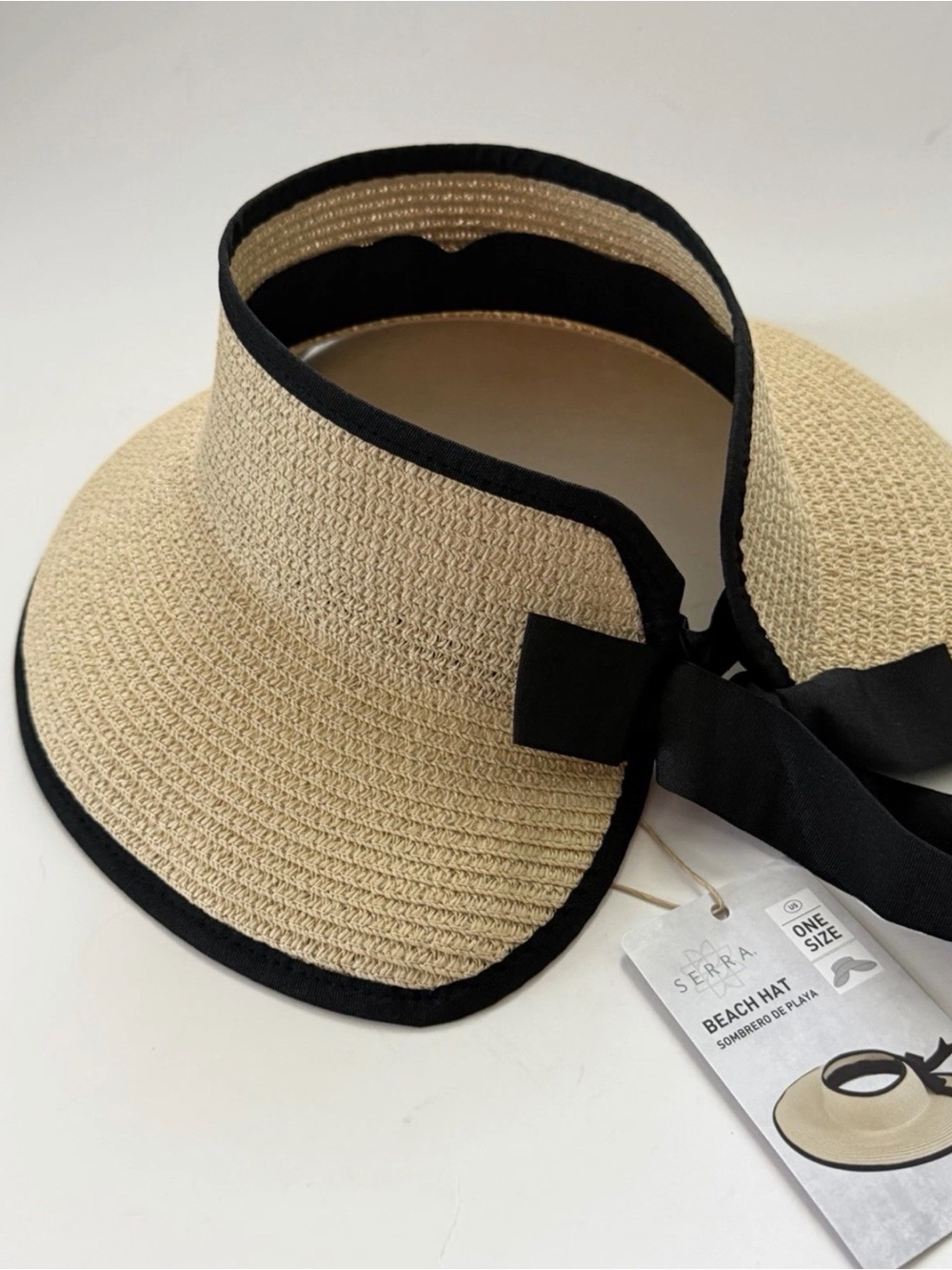 Serra Wide Brim Visor Beach Hat Beige Black Bow Women's Paper Polyester One Size - Picture 3 of 9